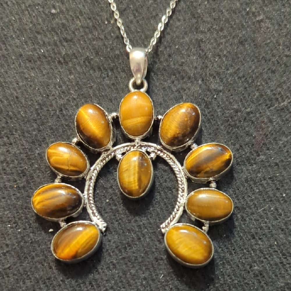Silver Plated Brown Tiger's Eye Gemstone Naja Pendant Statement Necklace
